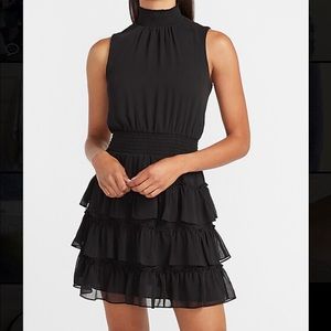 Express Mock Neck Smocked Waist Fit and Flare Dress Black Size Small